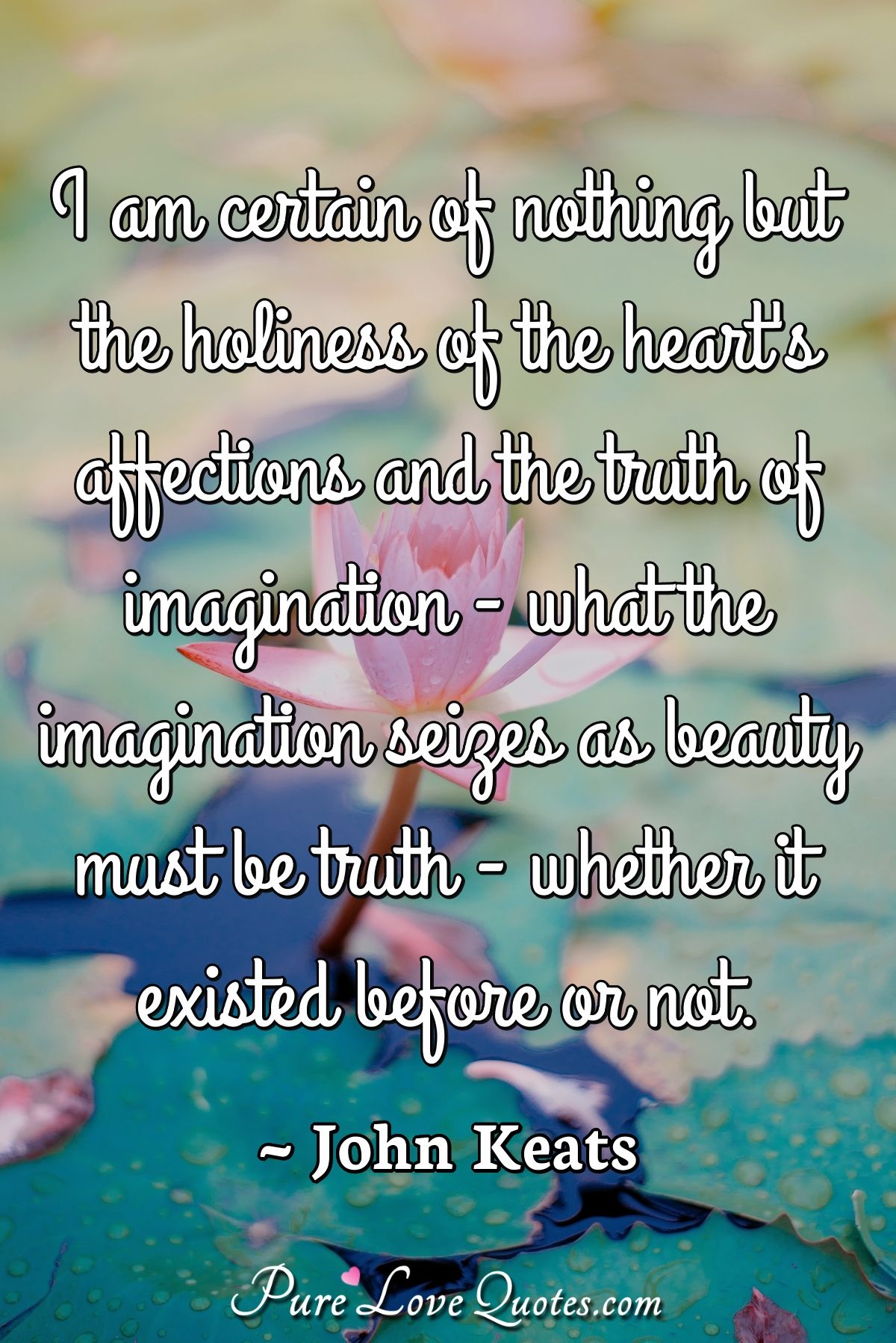 I am certain of nothing but the holiness of the heart's affections and the truth of imagination - what the imagination seizes as beauty must be truth - whether it existed before or not. - John Keats