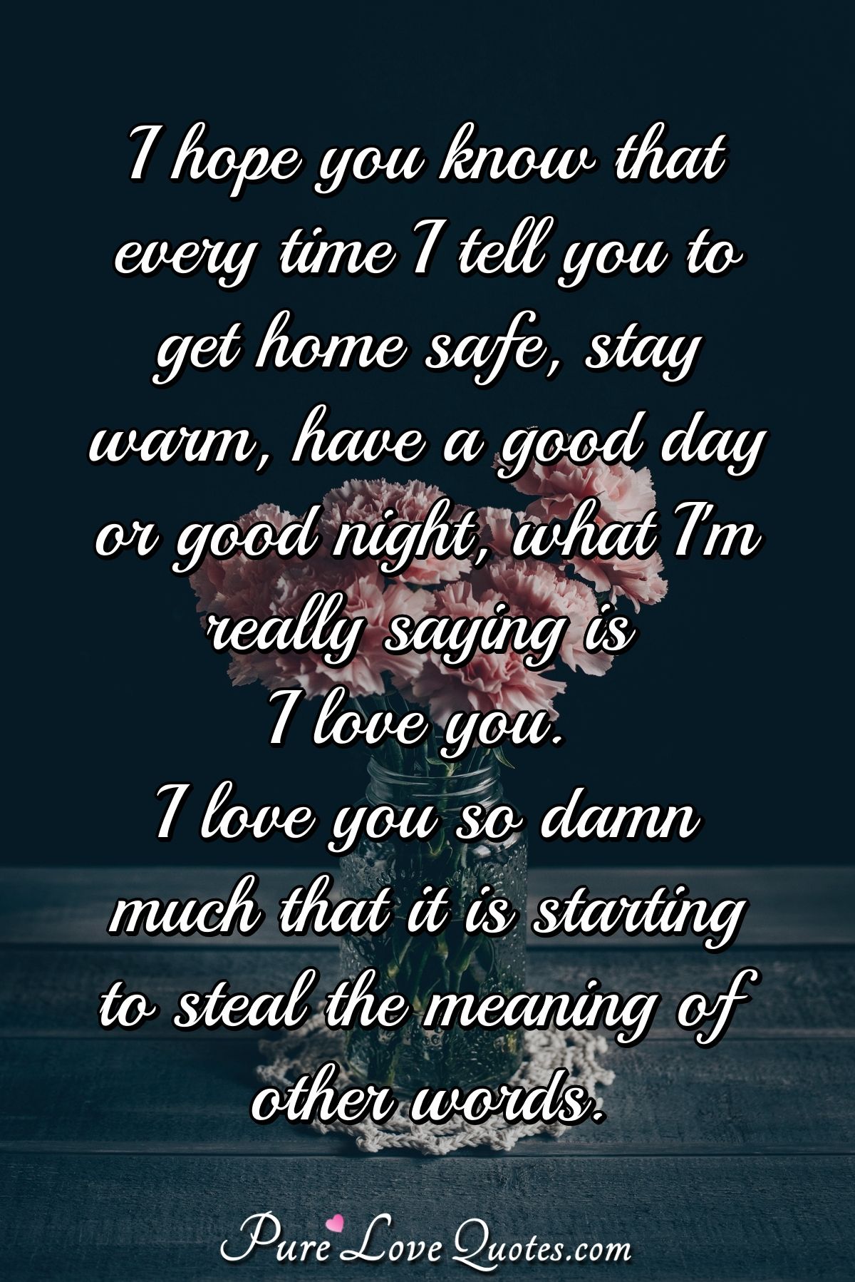 I hope you know that every time I tell you to get home safe, stay warm, have a good day or good night, what I'm really saying is I love you. I love you so damn much that it is starting to steal the meaning of other words. - Anonymous