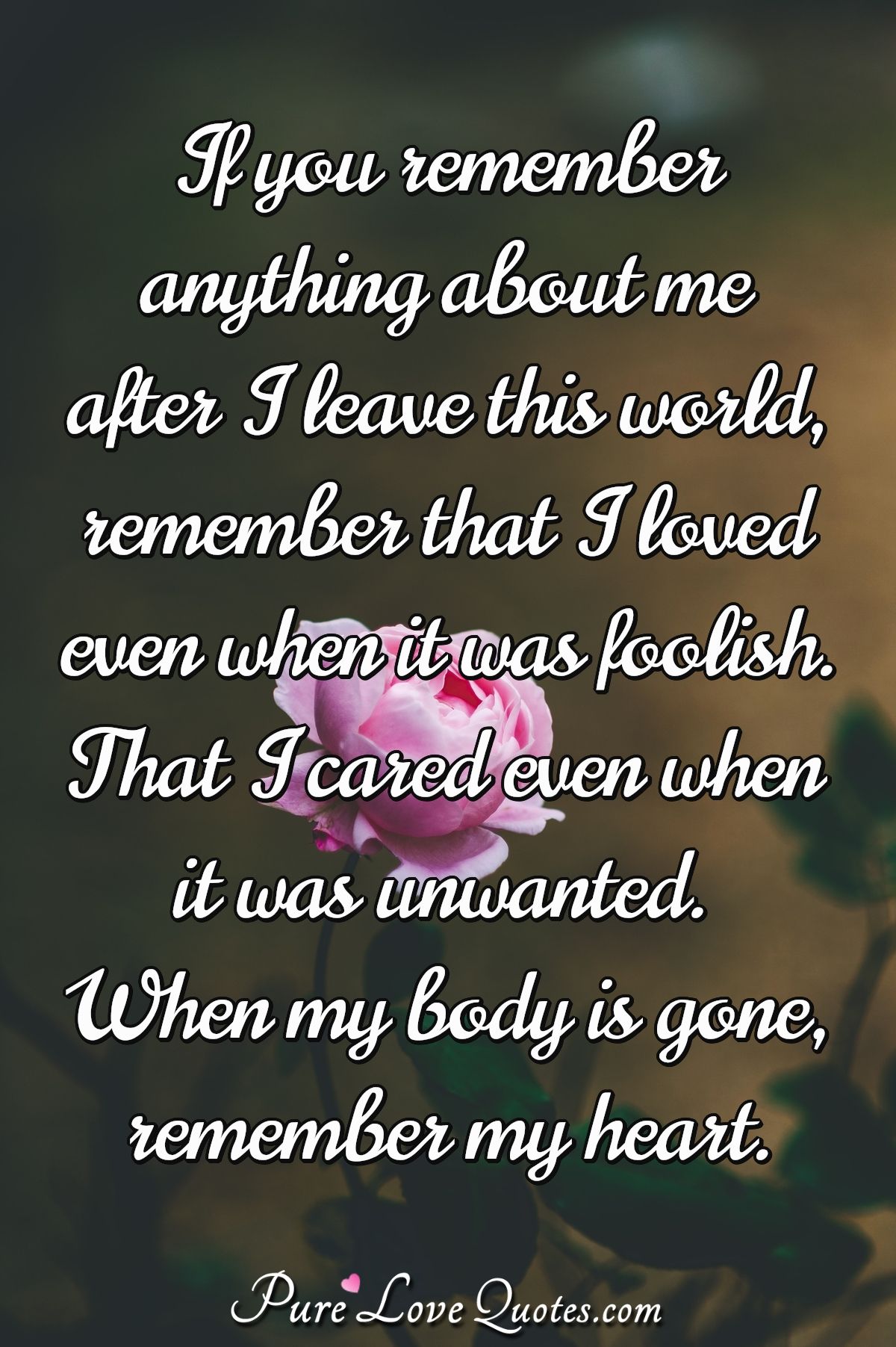 If you remember anything about me after I leave this world, remember that I loved even when it was foolish. That I cared even when it was unwanted. When my body is gone, remember my heart. - Anonymous