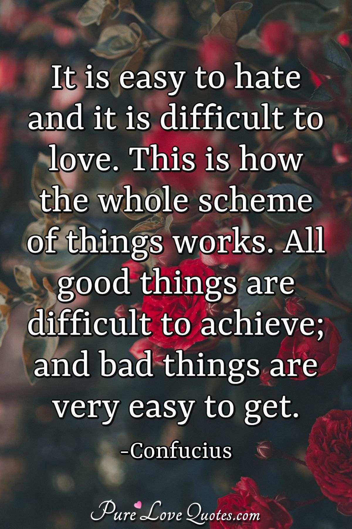 It is easy to hate and it is difficult to love. This is how the whole scheme of things works. All good things are difficult to achieve; and bad things are very easy to get. - Confucius