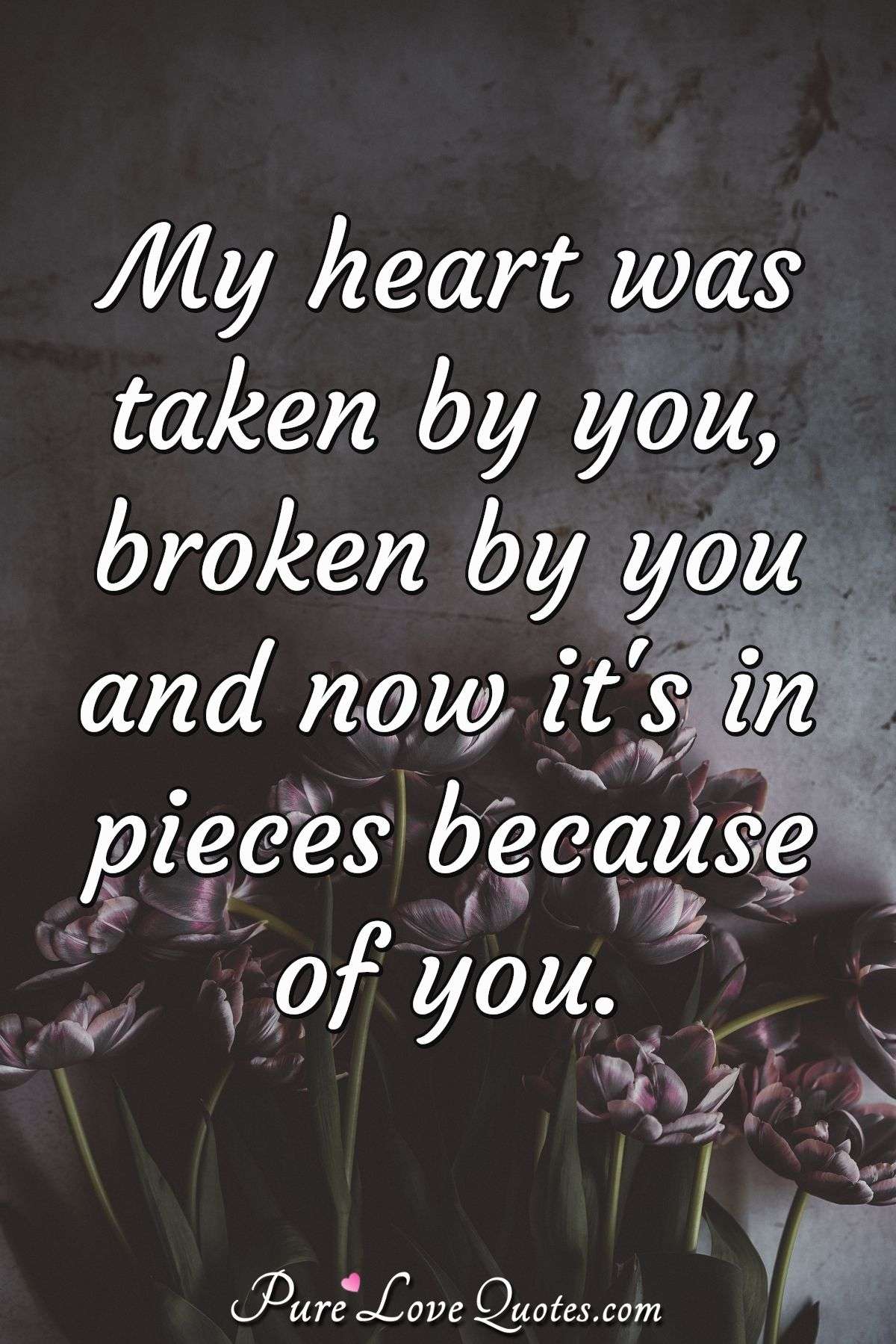 My heart was taken by you, broken by you and now it's in pieces because of you. - Anonymous
