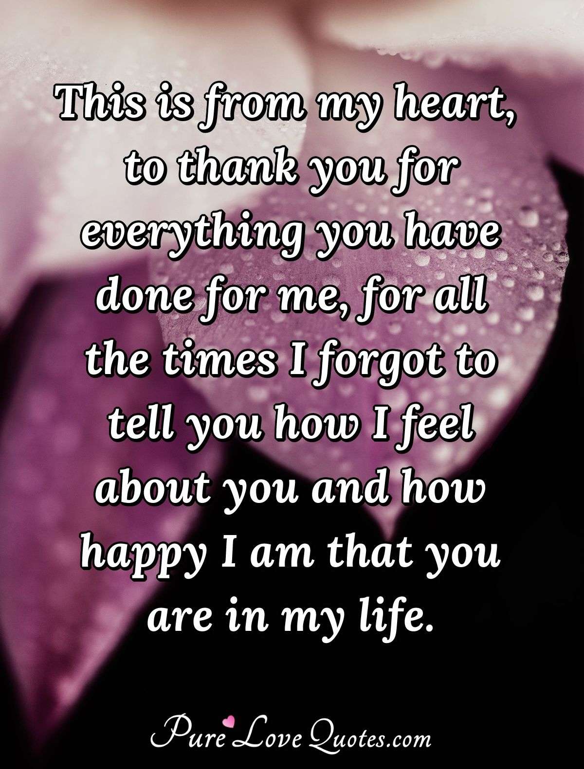 This is from my heart, to thank you for everything you have done for me, for all the times I forgot to tell you how I feel about you and how happy I am that you are in my life. - PureLoveQuotes.com
