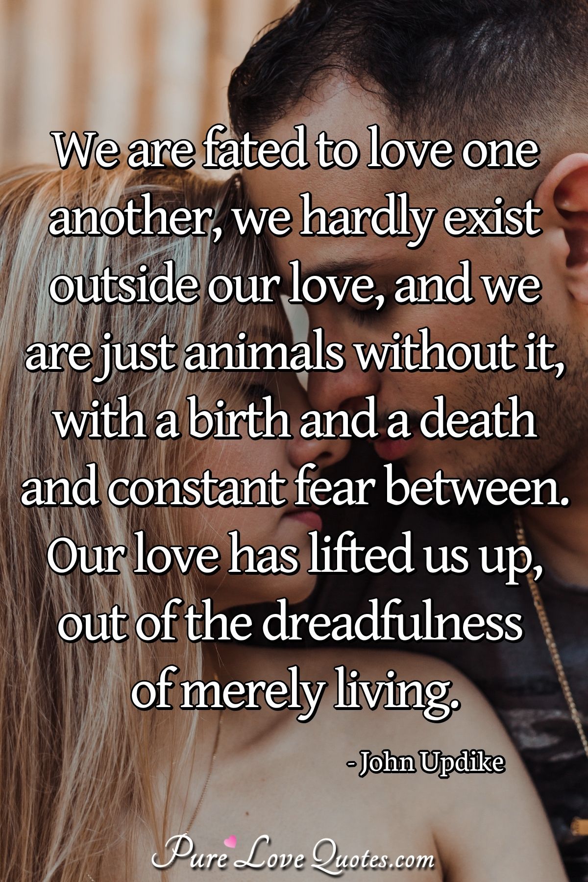 We are fated to love one another, we hardly exist outside our love, and we are just animals without it, with a birth and a death and constant fear between. Our love has lifted us up, out of the dreadfulness of merely living. - John Updike