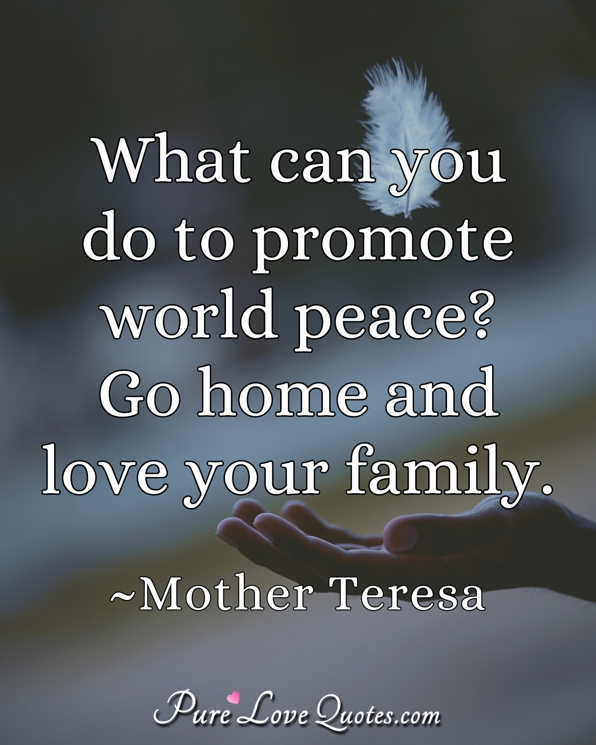 What can you do to promote world peace? Go home and love your family. - Mother Teresa