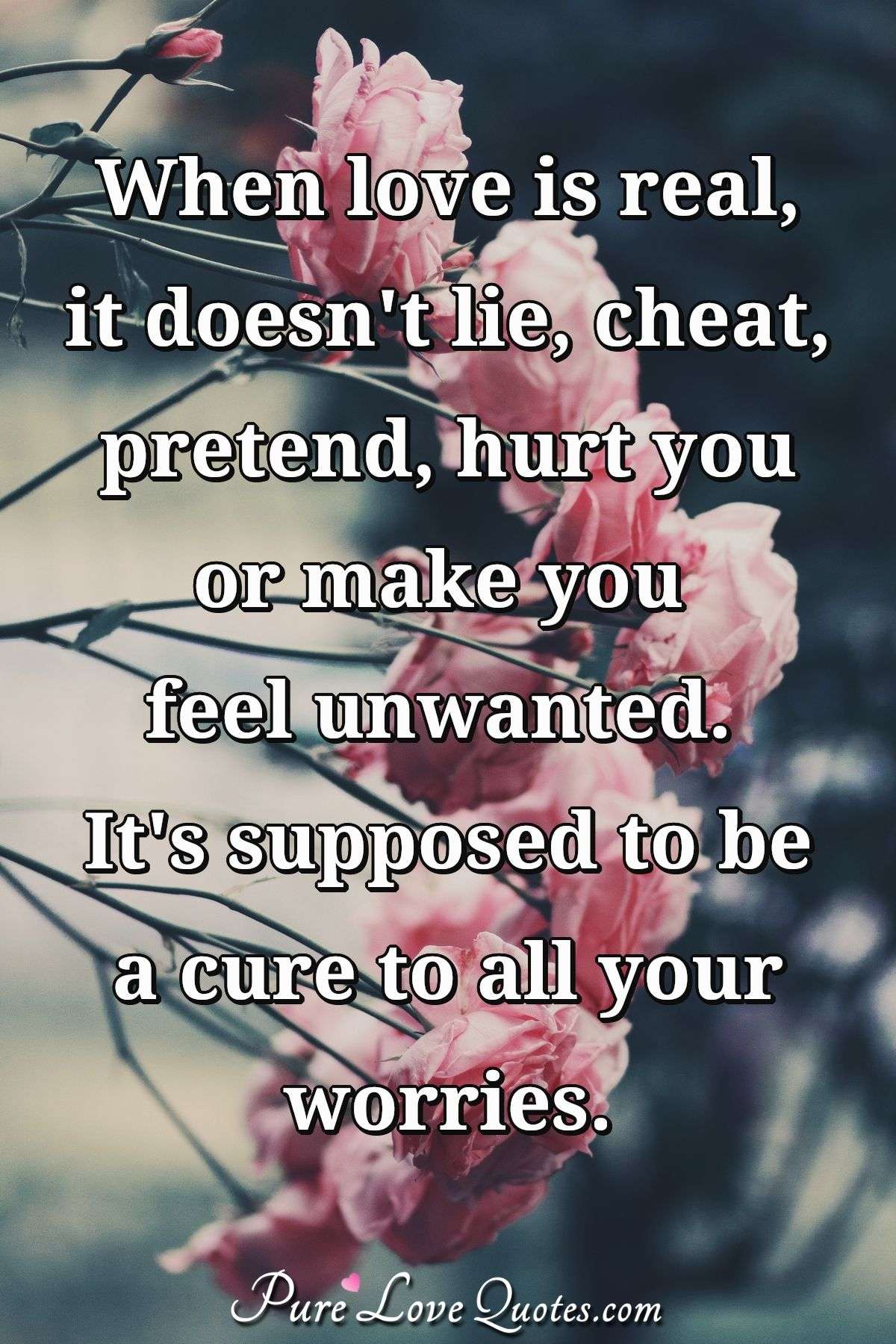 When love is real, it doesn't lie, cheat, pretend, hurt you or make you feel unwanted. It's supposed to be a cure to all your worries. - Anonymous