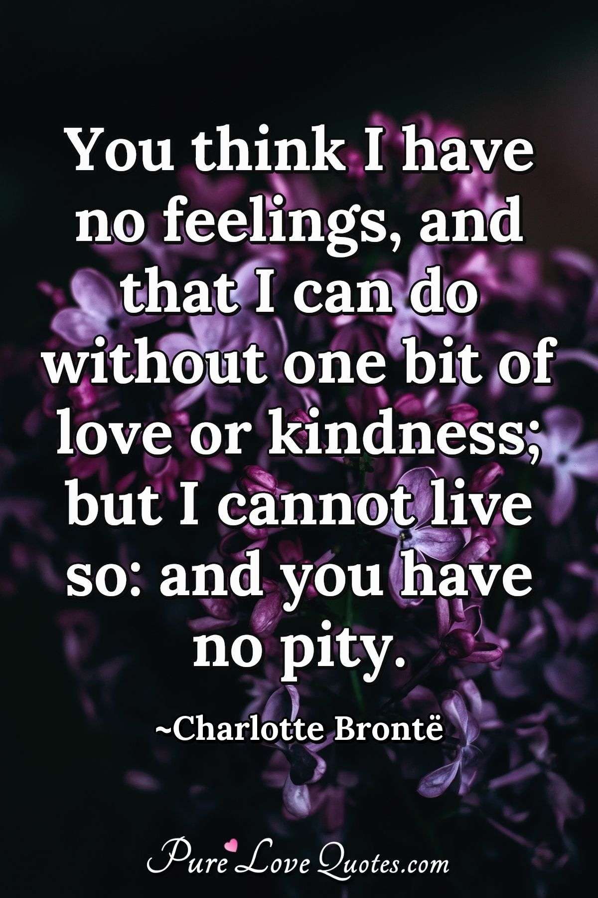 You think I have no feelings, and that I can do without one bit of love or kindness; but I cannot live so: and you have no pity. - Charlotte Brontë