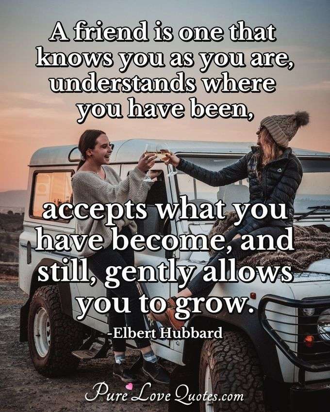 A friend is one that knows you as you are, understands where you have been, accepts what you have become, and still, gently allows you to grow. - Elbert Hubbard