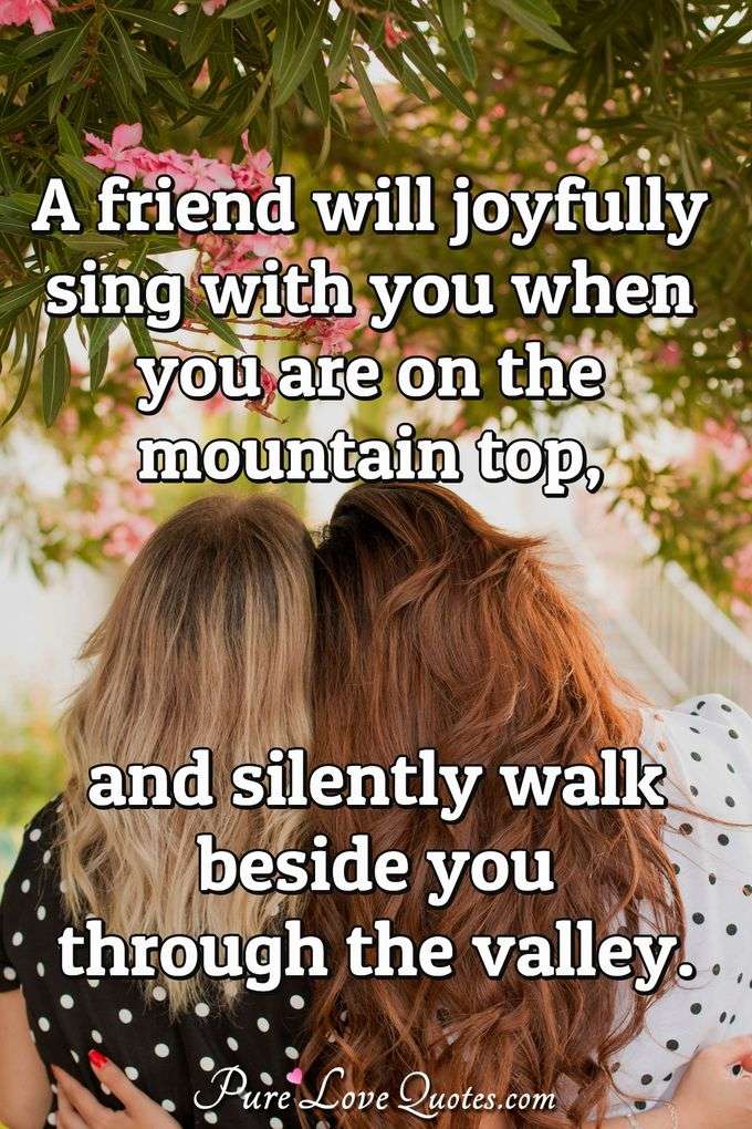A friend will joyfully sing with you when you are on the mountain top, and silently walk beside you through the valley. - Anonymous