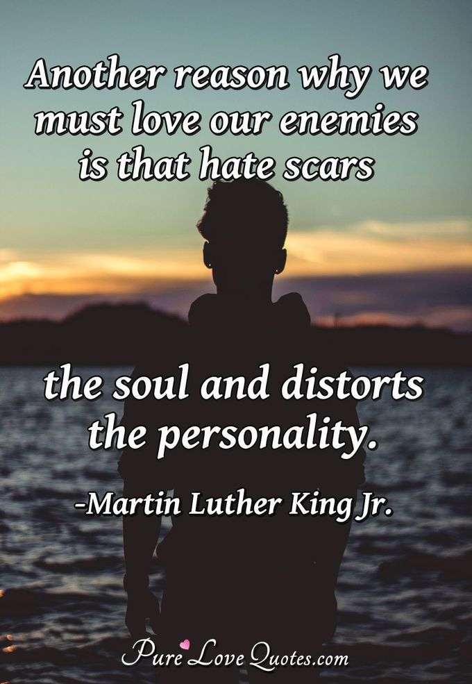 Another reason why we must love our enemies is that hate scars the soul and distorts the personality. - Martin Luther King Jr.