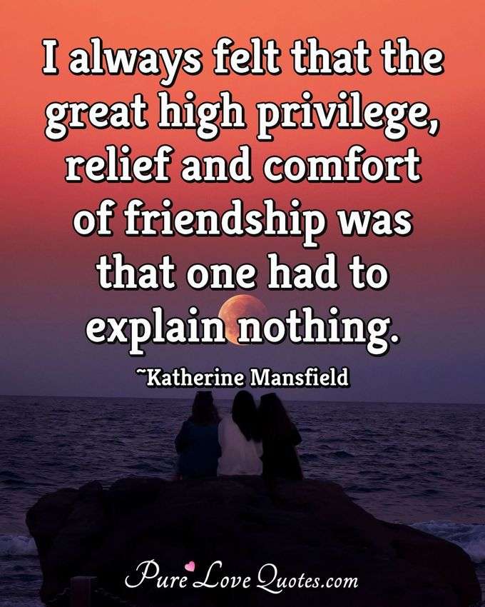 I always felt that the great high privilege, relief and comfort of friendship was that one had to explain nothing. - Katherine Mansfield