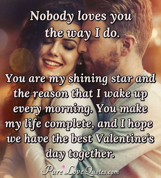Nobody loves you the way I do. You are my shining star and the reason that I wake up every morning. You make my life complete, and I hope we have the best Valentine's day together. - Anonymous