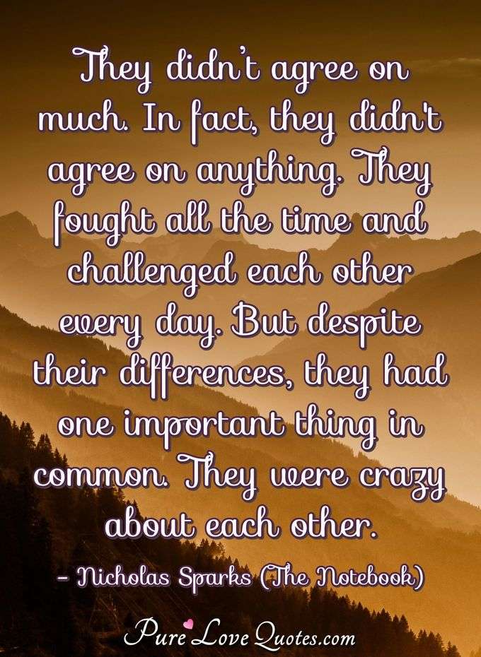 They didn’t agree on much. In fact, they didn’t agree on anything. They fought all the time and challenged each other every day. But despite their differences, they had one important thing in common. They were crazy about each other. - Nicholas Sparks