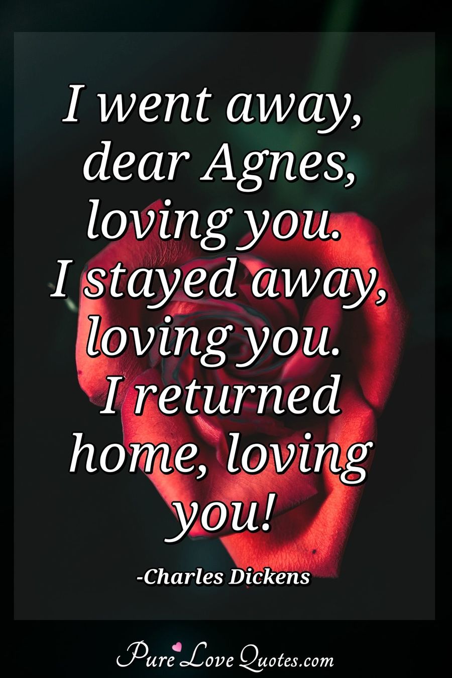 I went away, dear Agnes, loving you. I stayed away, loving you. I returned home, loving you! - Charles Dickens
